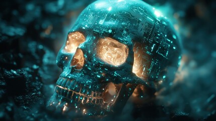 Digital skull rests on dark ground