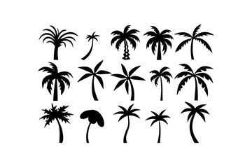 A variety of black palm tree silhouettes are isolated on white background, representing tropical destinations and summer vacations