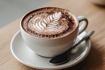 Delicious Close up of a Steaming Hot Cappuccino with Latte Art Design