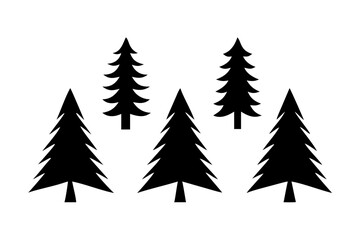 A collection of evergreen tree silhouettes isolated on white background, perfect for holiday and naturethemed designs