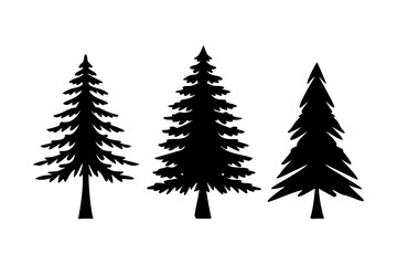 Three christmas tree silhouettes are isolated on white background, showcasing different evergreen designs