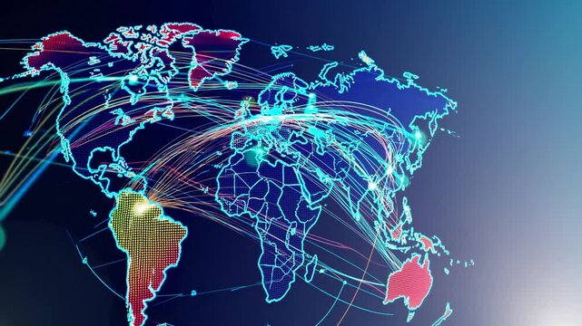 Stunning Global Connectivity Animation World Map with Vibrant Connections, Ideal for Inspiring Business Presentations and Social Media Campaigns.
