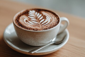 Delicious Close up of a Creamy Cappuccino with Leaf Art on a Wooden Table