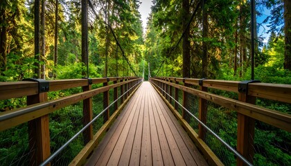 Wooden suspension bridge through lush forest