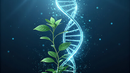 Luminous dna helix intertwined with a vibrant green plant symbolizing life and genetic growth in a dark ethereal setting