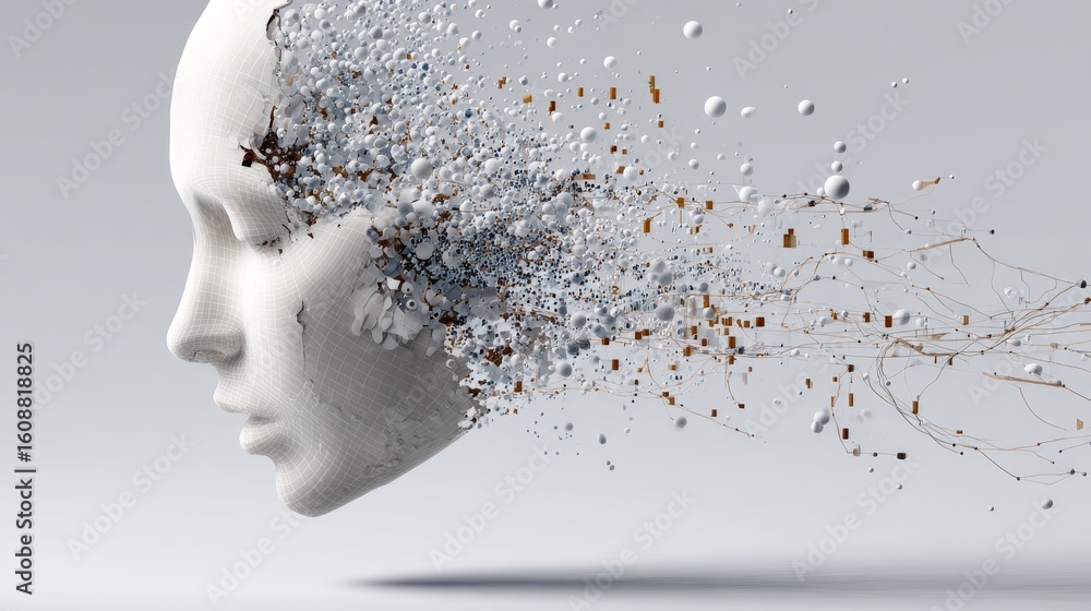 Poster abstract digital image showing a human head with fragmented elements representing technological and 