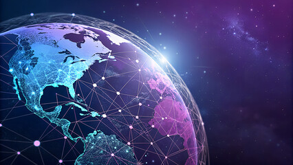 Global network connections illuminating earth from space with digital data streams and starry background