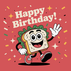A cheerful cartoon sandwich character celebrating a birthday with a friendly wave, surrounded by colorful confetti and festive decorations, perfect for fun birthday events.