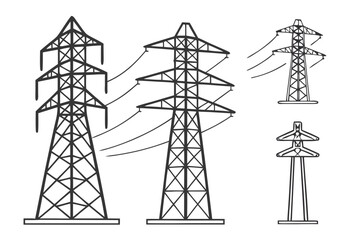 A set of line drawings shows various electricity pylons and power transmission towers isolated on white background