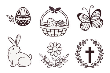 Fototapeta premium A classic easter collection featuring a bunny, basket of eggs, butterfly, flower, and cross isolated on white background