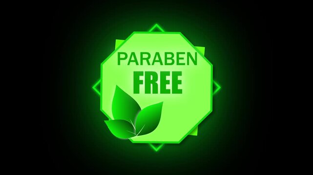 Green neon paraben free emblem animation. Vegan sustainable product marketing visuals. Animated paraben free badge. Eco friendly health and beauty cosmetics skincare logo.