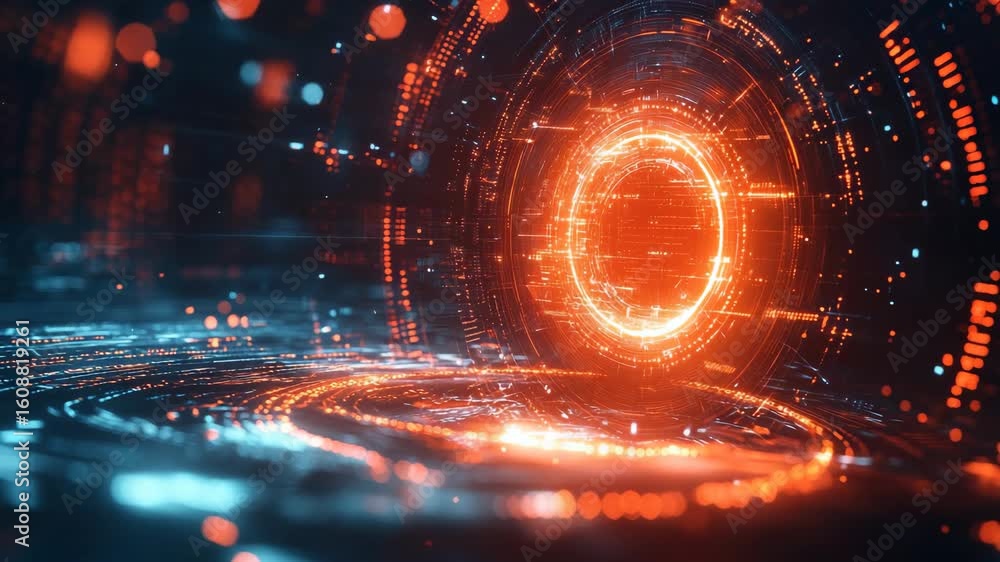 Poster futuristic digital portal with glowing neon effects and dynamic grid background
