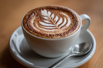 Delicious Close-up of a Creamy Cappuccino with Latte Art in a White Mug