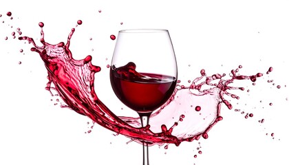 Red wine splash in a stemmed glass against a white background
