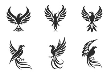 Various phoenix bird designs with outstretched wings, symbolizing resilience and eternal life