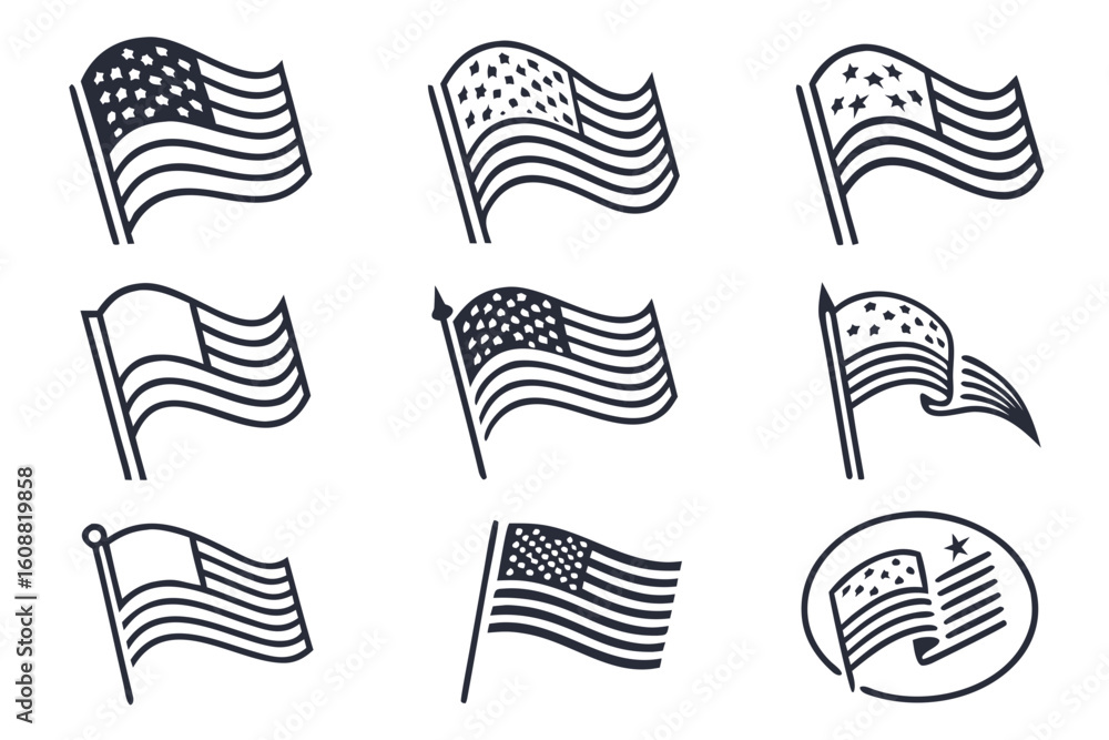Poster set of waving american flags with different star patterns isolated on white background