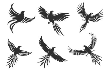 Obraz premium A set of dynamic phoenix bird silhouettes soaring through the air, isolated on white background