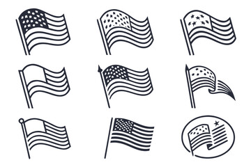 Set of waving american flags with different star patterns isolated on white background