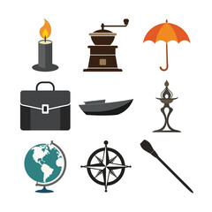 Candle coffee grinder umbrella briefcase boat lamp globe compass oar flame orange umbrella