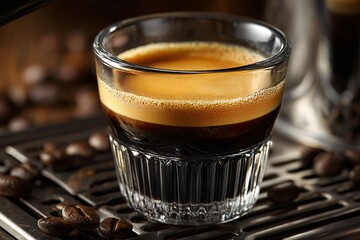 Close up of a Delicious Espresso Shot in a Glass on a Coffee Machine