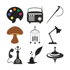 Colorful palette vintage radio quill inkwell desk lamp mushroom telephone spinning top art palette colors