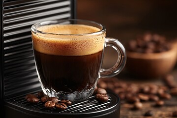 Steaming Fresh Espresso in a Glass Cup on a Coffee Machine, Close Up Shot