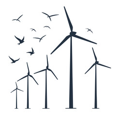 A group of wind turbines with birds flying around, symbolizing renewable energy and environmental awareness