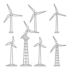 Line art illustration of windmills isolated on white background, symbolizing renewable energy and environmental sustainability