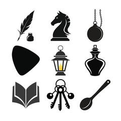 Quill inkwell chess knight pocket watch lantern perfume bottle open book keys spoon vector