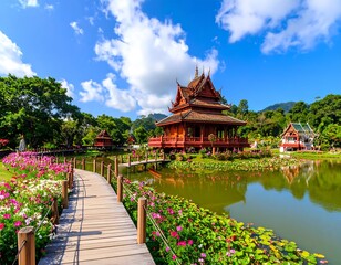 Fototapeta premium Wooden walkway leads to a Thai-style pavilion over a tranquil pond. Lush gardens and vibrant flowers surround the scene. Clear blue sky above