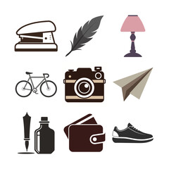 Stapler feather lamp bicycle camera paper airplane pen ink bottle wallet shoe vector