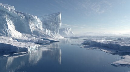 Showcases stunning arctic icebergs with clear glacial waters reflecting their majestic forms, highlighting the cold and pristine nature.