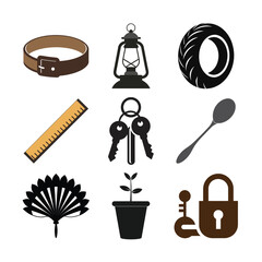 Belt lantern tire ruler keys spoon fan plant pot padlock brown buckle