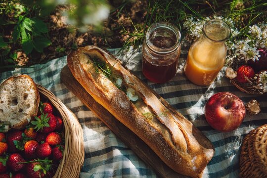 Baguette with goat cheese and dill enjoying a spring picnic in the woods