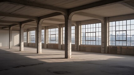 Sunlit Empty Industrial Space with Concrete Pillars and Large Windows Offering City Views Ideal for .jpg