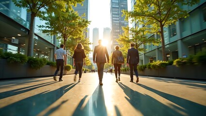 Business People Walking Toward Sunlight on City Street