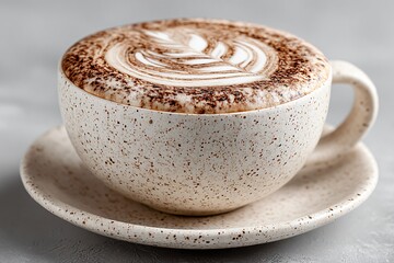 Detailed Shot of a Delicious Cappuccino with Latte Art in a Speckled Mug