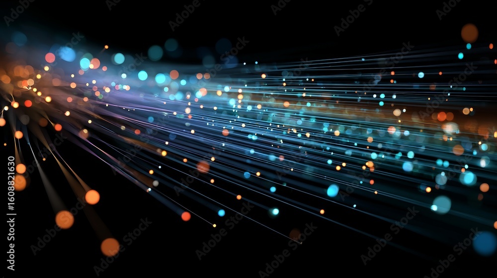 Poster abstract image with colorful lines and dots showing digital technology connections and data flow.