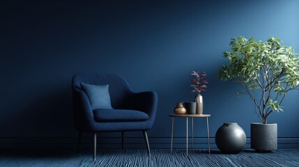A cozy, modern interior with a deep blue armchair, side table, and potted plants
