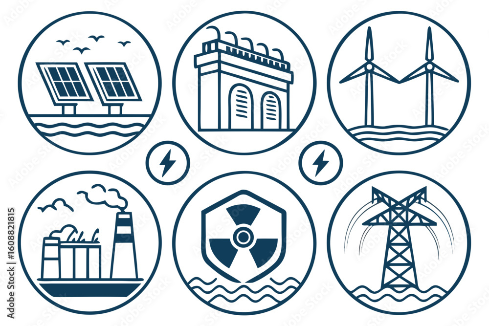 Poster collection of renewable and nonrenewable energy source icons in circular designs isolated on white b