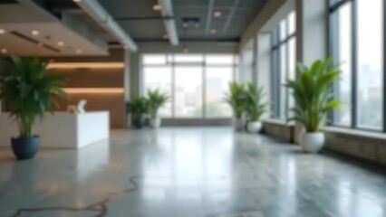 Blurred Airy Lobby with Green Plants and Large Windows