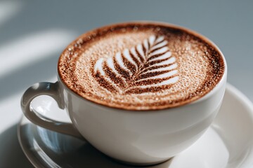 Close up of a Delicious Cappuccino with Leaf Latte Art in a White Cup