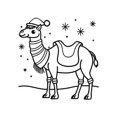 A cartoon camel wearing a Santa hat, scarf, and leg warmers stands in the snow with snowflakes falling around it.