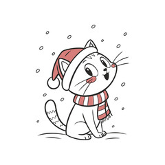 A cute white cartoon cat wearing a red Santa hat and striped scarf looks up at falling snowflakes with a happy expression.