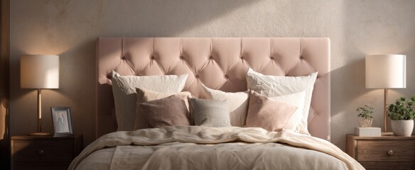 The elegant bedroom with a stylish pink tufted headboard and cozy furnishings.
