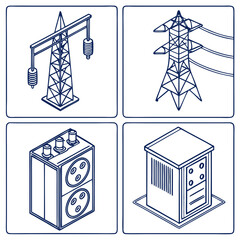 A set of isometric illustrations showcases elements of electrical power transmission and distribution
