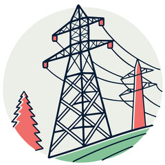 A stylized illustration depicts a power transmission tower standing amidst a landscape with a coniferous tree