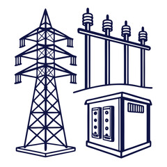A detailed line drawing features a power transmission tower alongside electrical substation equipment