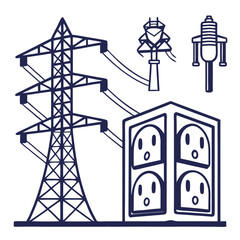 Illustration of an electrical power grid tower, outlets, and transformers representing electricity generation and distribution