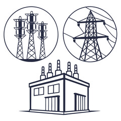 A graphic depicts a power plant with transmission towers, representing electricity generation and distribution